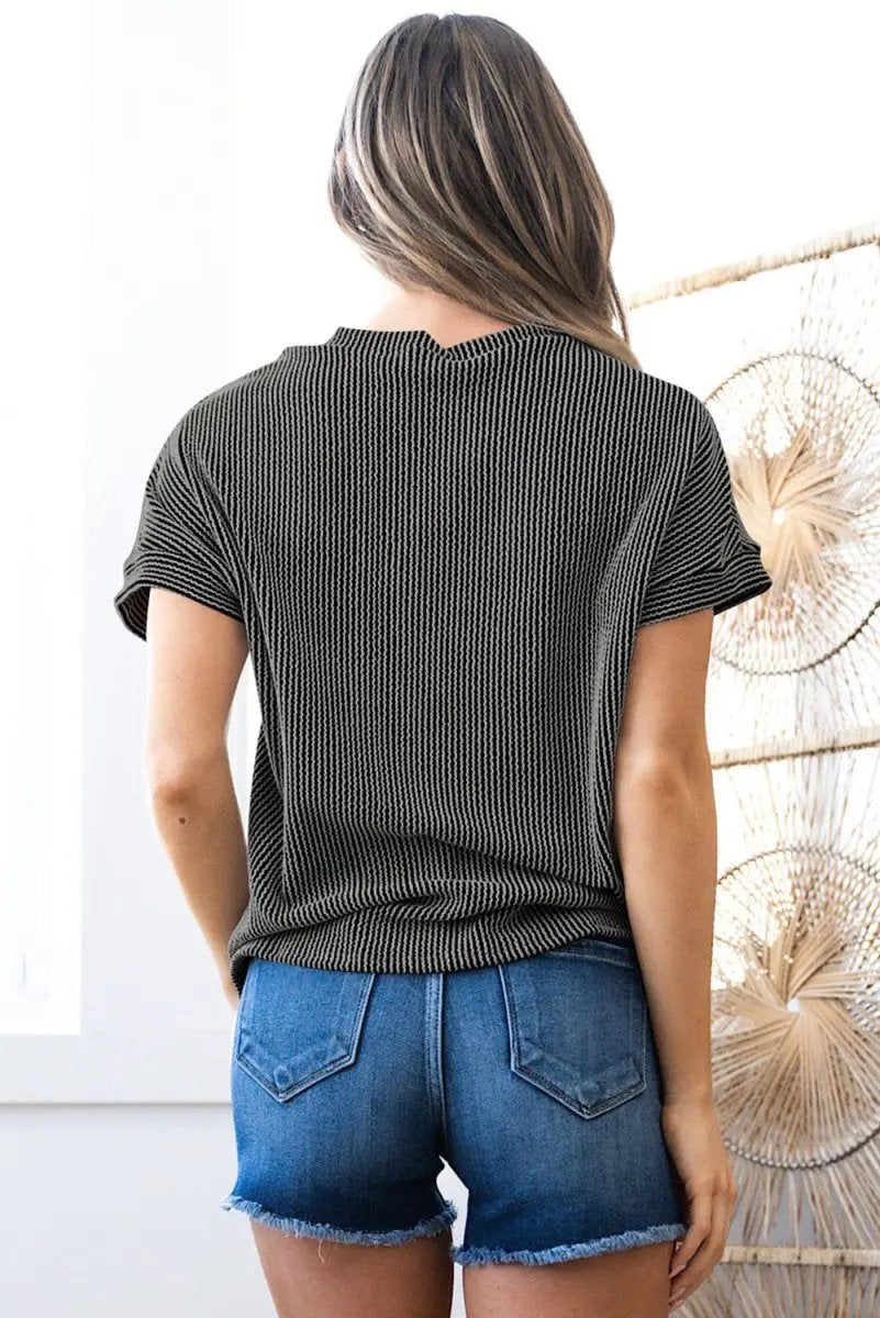 Carbon Grey Corded Knit Color Block Pocketed Crew Neck T Shirt - Love Salve